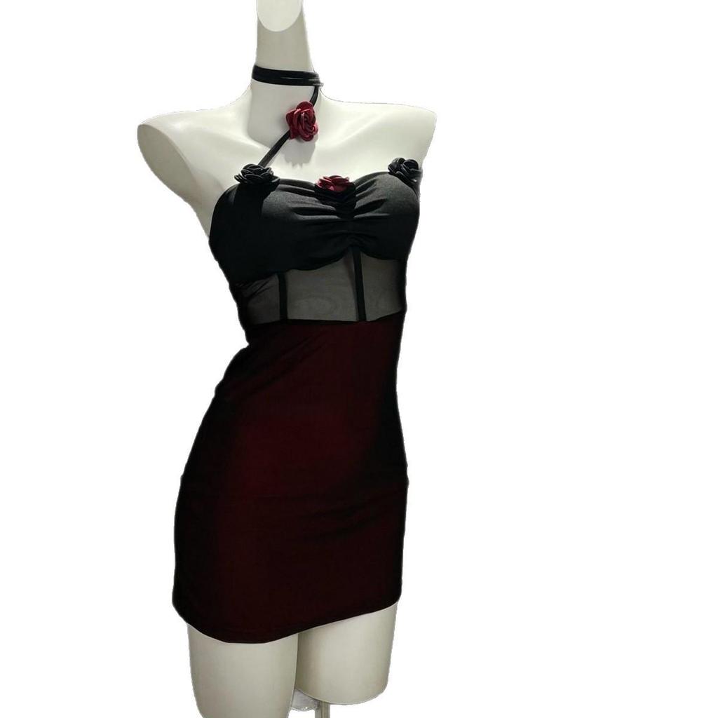 Dunkler Stil Sexy Mesh Rose Neckholder Bodycon Kleid für Frauen - Reif, Vielseitig, High-End Design