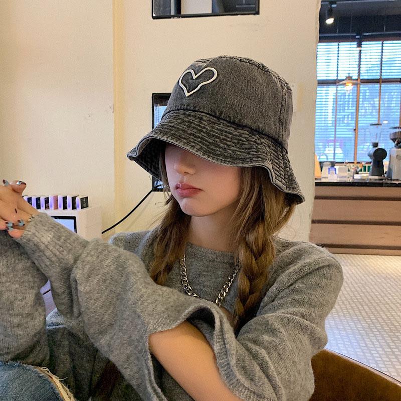Fashion Denim Fisherman Hat for Women Love Heart Solid Color Wide Brim Sunshade Basin Cap Girls Casual Outdoor Bucket Hat