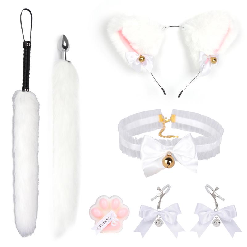 Cat Tail Bell Headband, Anal Plug, Nipple Clamps Flirting Set