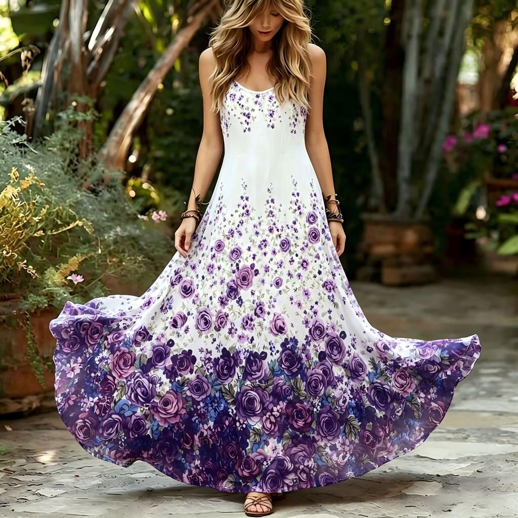 Women's O Neck Sleeveless Floral Maxi Dress Loose Fit Casual Bohemian Gown