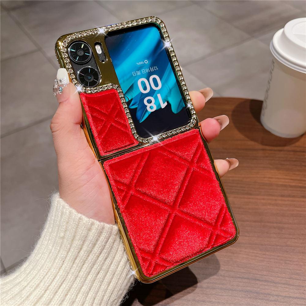 

Роскошный кожаный чехол с гальваническим покрытием, блестящими бриллиантами и зимним мехом для OPPO Find N3 Flip Find N2 Flip, противоударный чехол Find N2 Flip красный