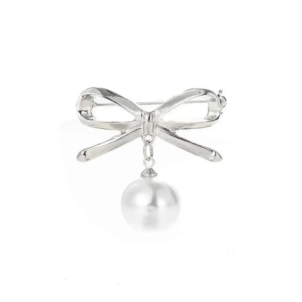 Elegant Simple Bow Brooches for Women Bowknot Pin Pearl Pendant Safety Lapel Pins Wedding Jewelry Body Accessories Creative Gift