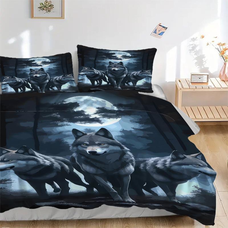 3pcs Wolf Pack Moonlight Bedding Set Down Comforter Cover and Pillowcases, Suitable for All Seasons(No Insert)-0729075