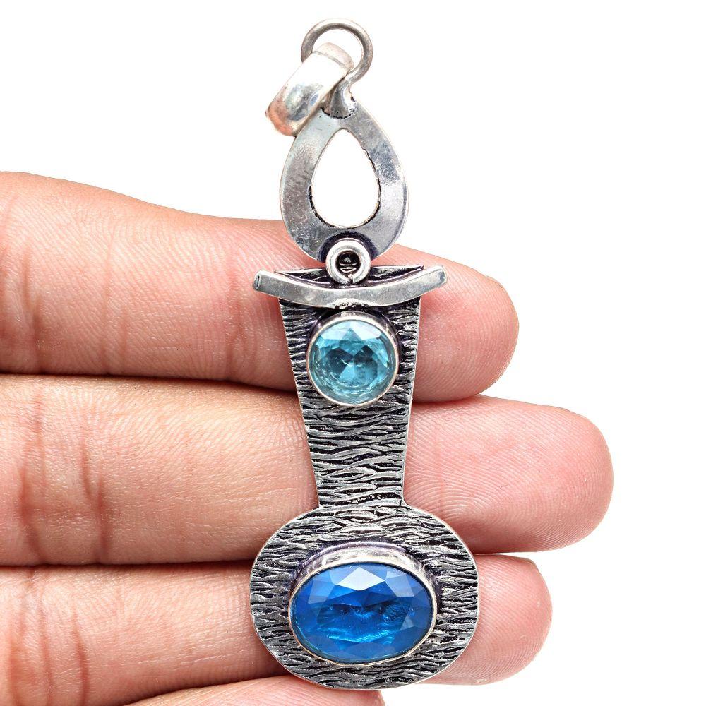Pendant Swiss Blue Quartz Gemstone Gift For Her Silver Jewelry 3"