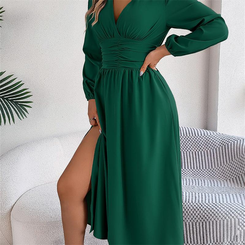 2026 Spring/Summer Women's V-neck Long Sleeved Sexy Split Dress S-XL