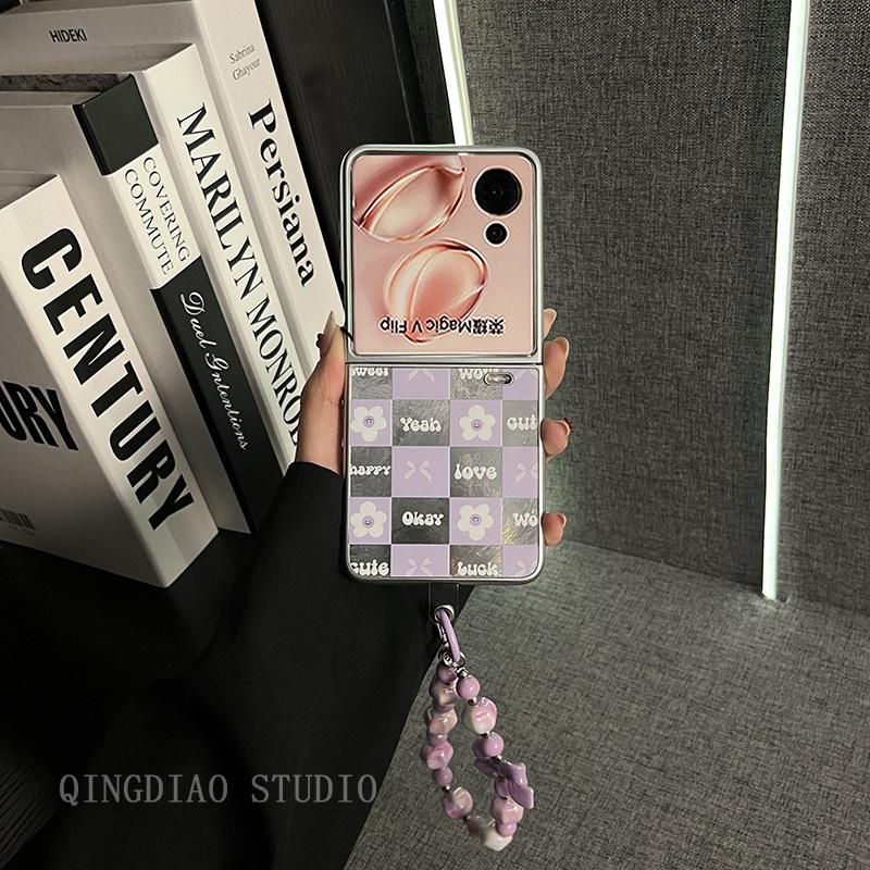 Ins Korean Plaid Purple Flower Hand Chain Is Suitable for Honor MagicVFlip Mobile Phone Case, New Magic Folding Screen