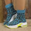 European and American Large-size New Round-head Knitted Leopard Print Medium Tube Elastic Boots Are Hot-selling Elastic Thick-heeled Martin Boots.