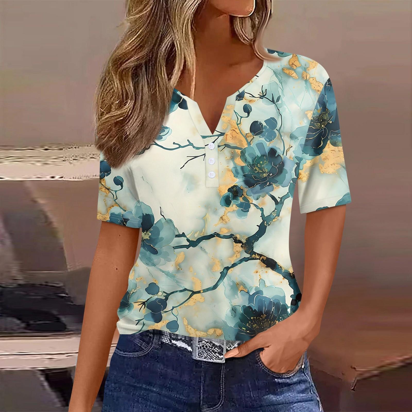 

Жен. Футболка С принтом Пуговицы С короткими рукавами Повседневные Выходные Мода Классический V-образный вырез Обычный Верх M