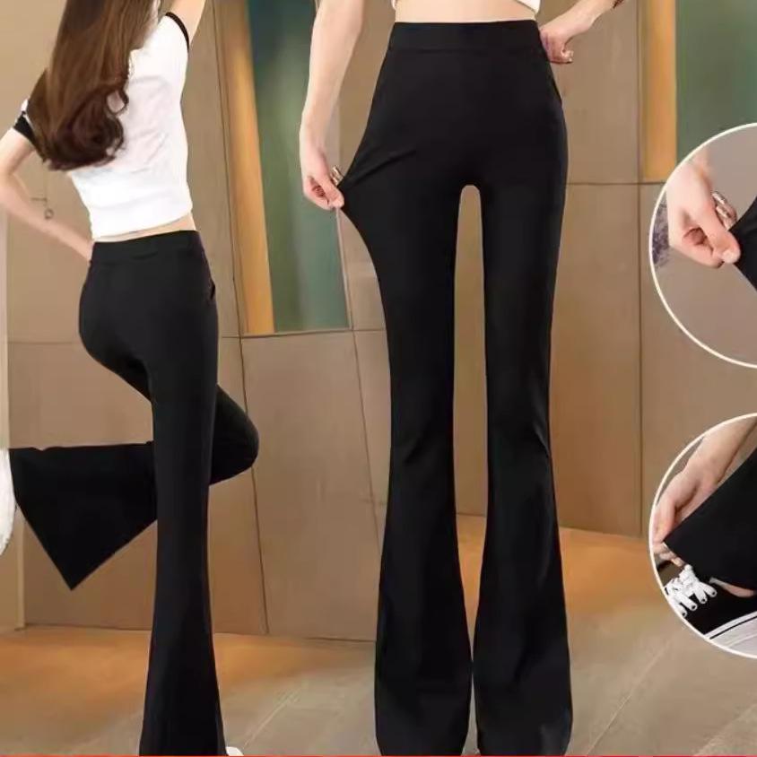**Women's High Waist Black Micro Flare Pants - Slimming, Petite, Elastic, Stretch, Summer Style for the Middle East**