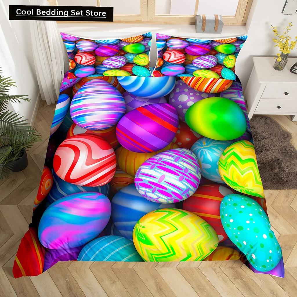 Watercolor Easter Eggs King Queen Bedding Set Happy Easter Themed Duvet Cover Toddlers Rainbow Easter Egg Polyester Quilt Cover
