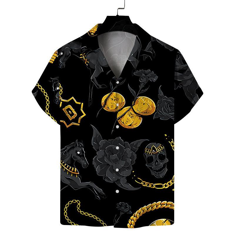 

Men Short Sleeve Hawaiian Shirt with Skull Horse and Gold Chain Print Casual Summer Beach Shirt S