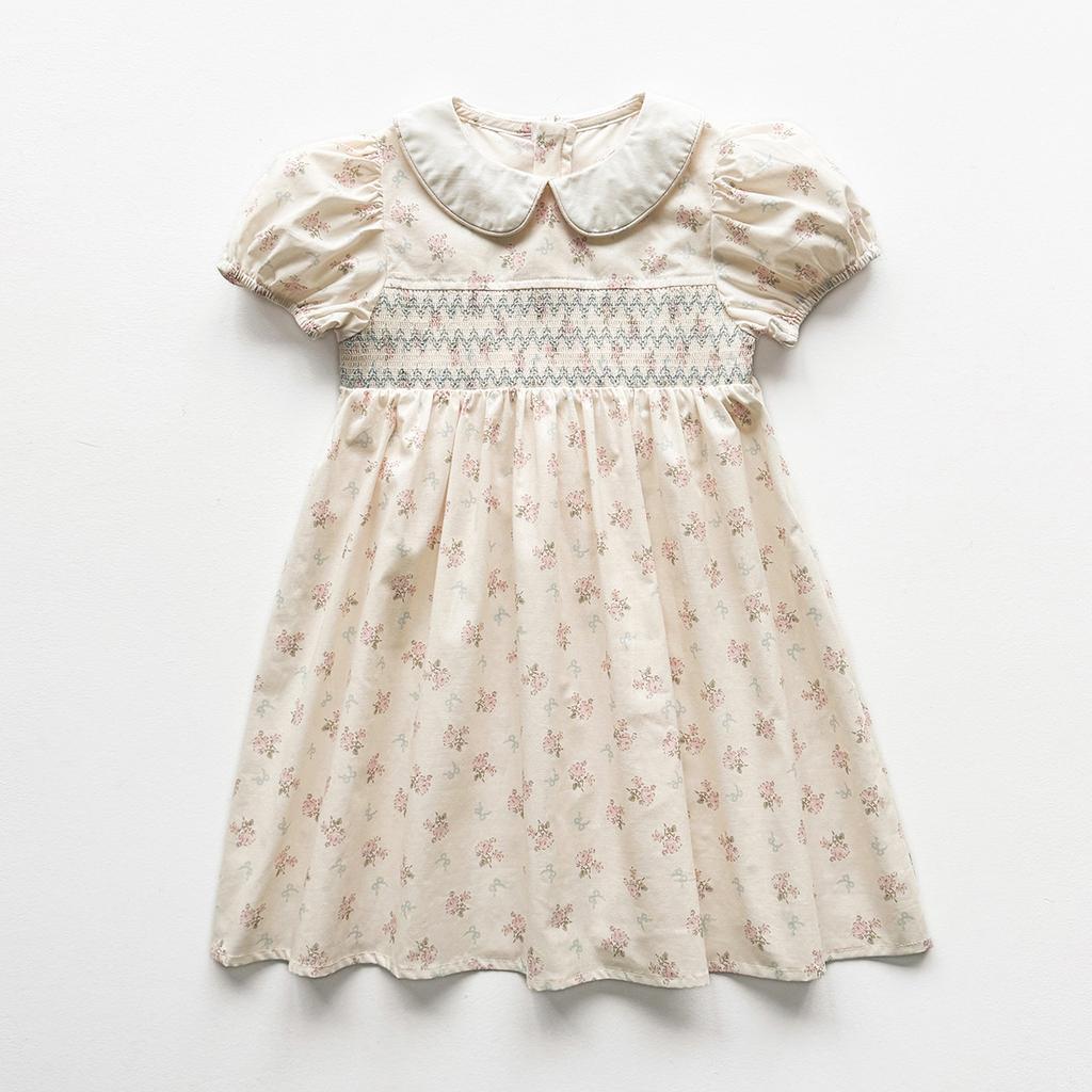 Girls Summer Floral Dress Peter Pan Collar Puff Sleeve Kids Princess Party Dress Casual Cute Sundress
