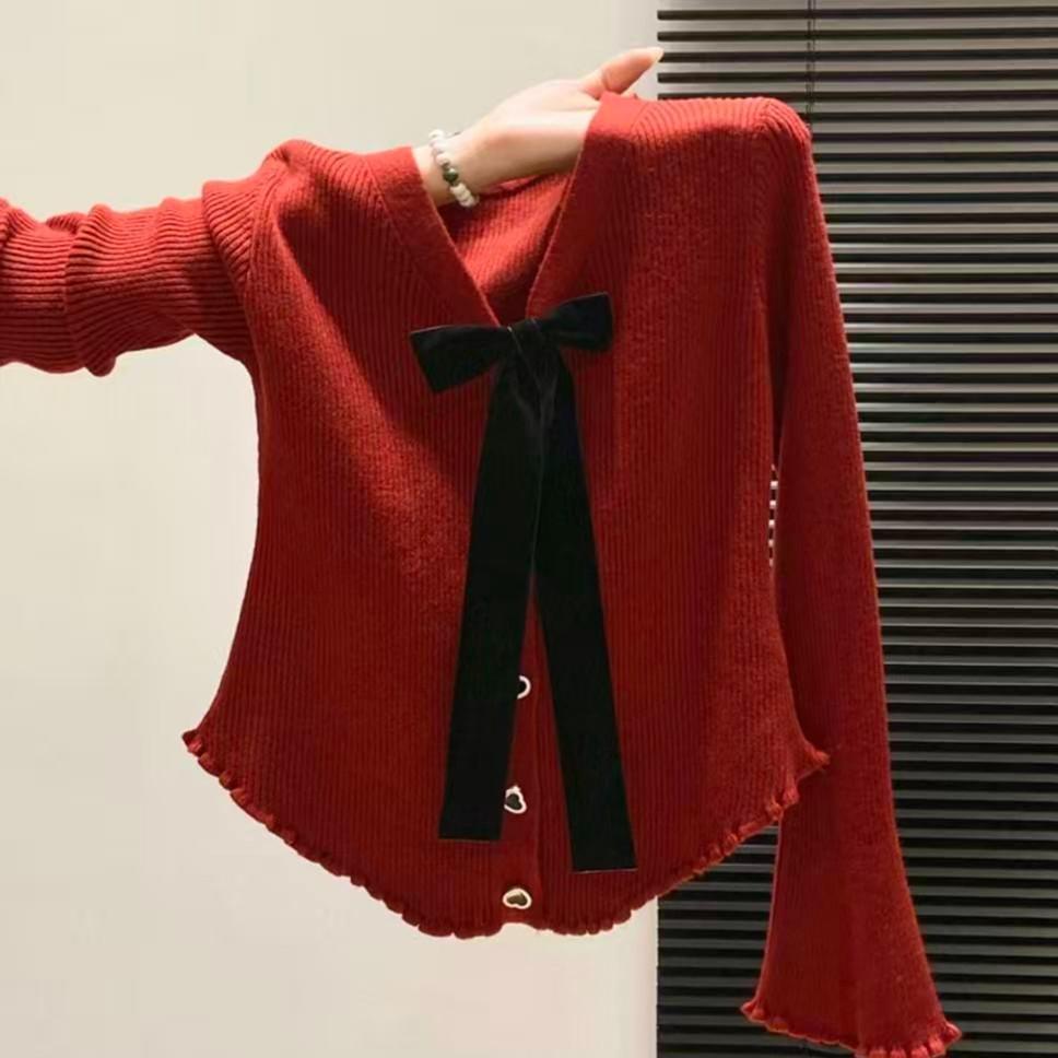 Plus Size Women's Bow Collar Knit Cardigan for Autumn/Winter - Sweet, Age-Reducing, Black/Red/Apricot