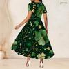 Women Plus Size Round Neck Short Sleeve Snowflake Printed Navy Blue Gathered Waist A Line Long Dress