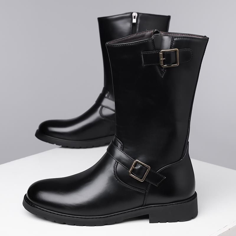 Botas de moto para hombre, botas vaqueras, botas de jockey negras, botas altas informales, talla grande