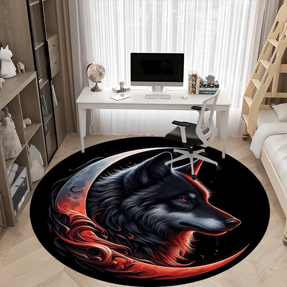 1 szt. Okrągły dywanik Moon Wolf do biura, pod krzesła biurowe, do sypialni, salonu, wystrój domu, dekoracja pokoju