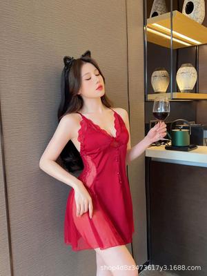 Sexy Lace Mesh Perspective Seduction Pure Desire Private House Low-cut Nightgown Women's Silk Women's Summer Suspenders Pajamas Home