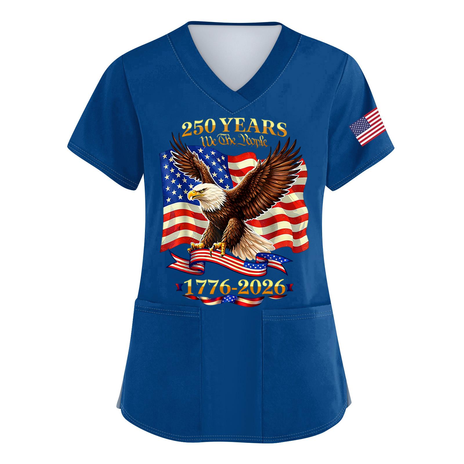 

Women s V Neck Short Sleeve Work Top with Pocket Side Slits Patriotic Print Medical Scrub Shirt for Healthcare Professionals 1776 to 2026 Anniversary XL синій