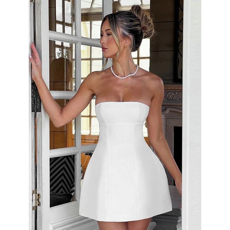 Solid Color Strapless High Waisted Dress Solid Tube Top High Waist Dress