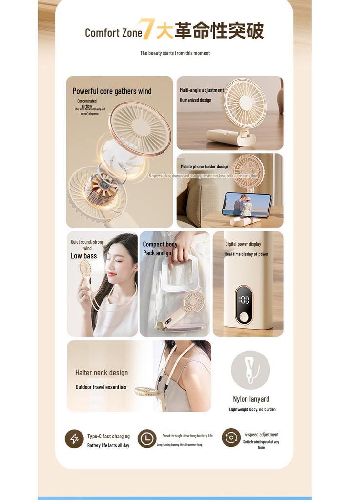 Portable Foldable Silent Fan: Handheld, Desktop, & Neck-Mounted Phone Holder