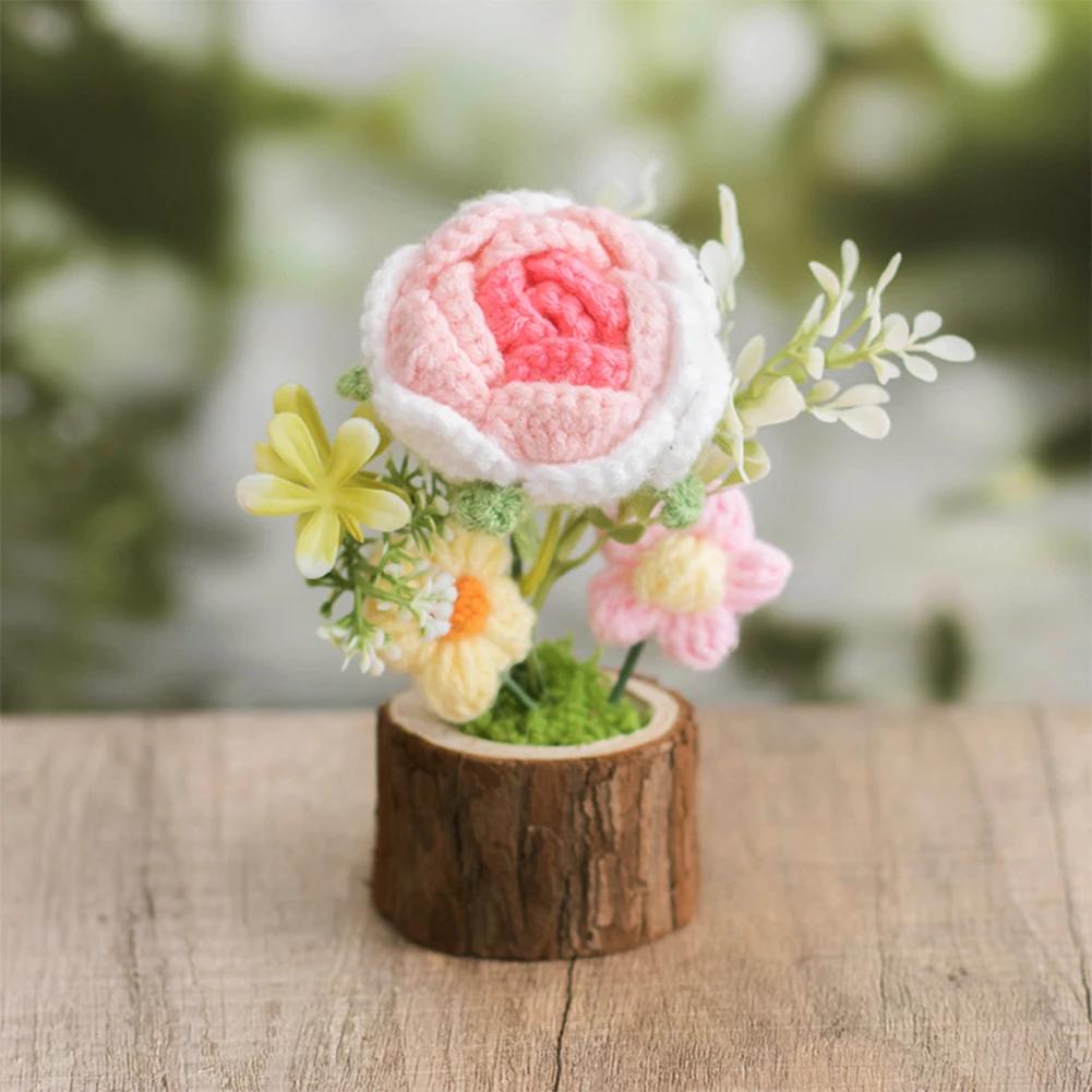 Hand-Knitted Rose Flowers Home Decoration Valentine's Day Gift Handmade Crocheted Flowers Bouquets flowerpot Desktop Ornament