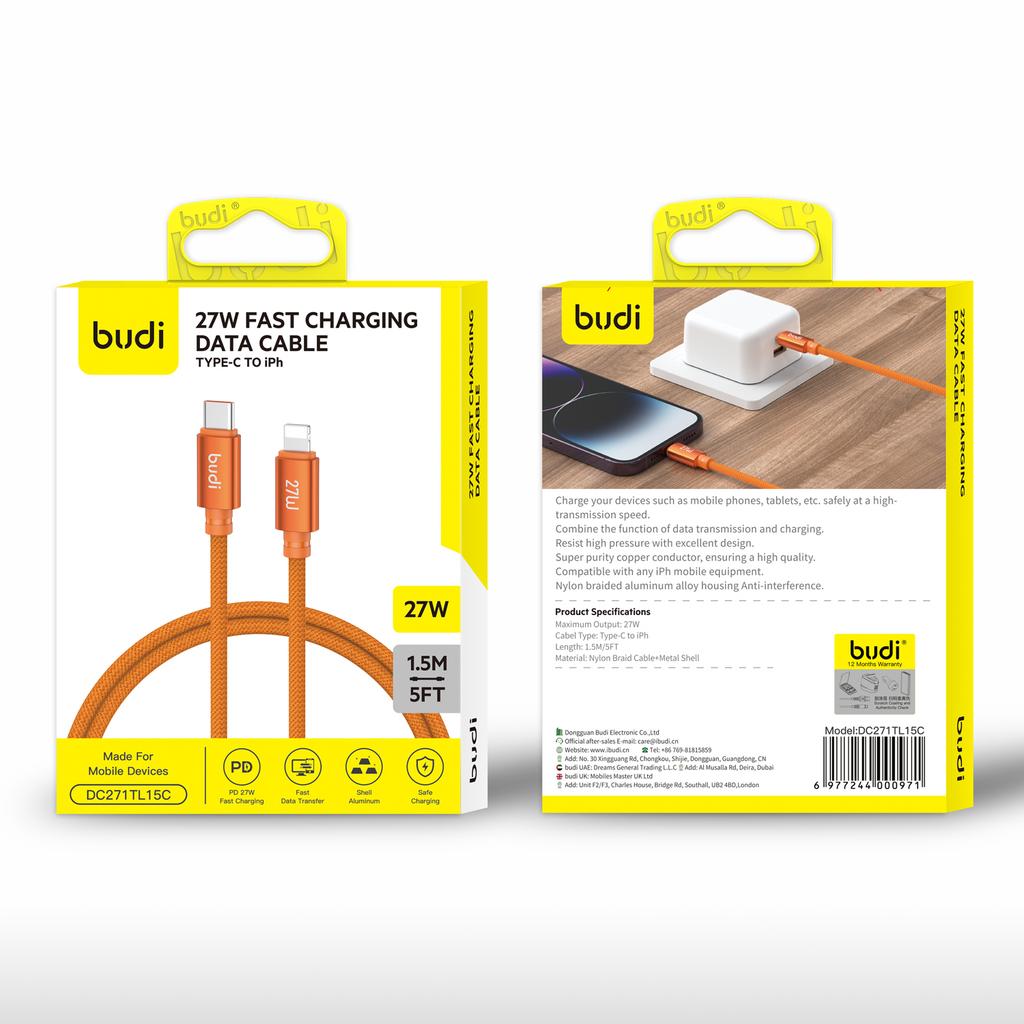 BUDI DC271TL15C 1.5m Type-C to Lightning Cable 27W Fast Charging Nylon Braided Data Cord