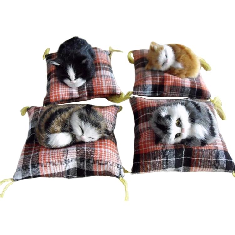 Simulation Cats Doll Ornament Realistic Furry Plush Animal with Cushion Mat Desktop Doll for Home Bedroom Decoration