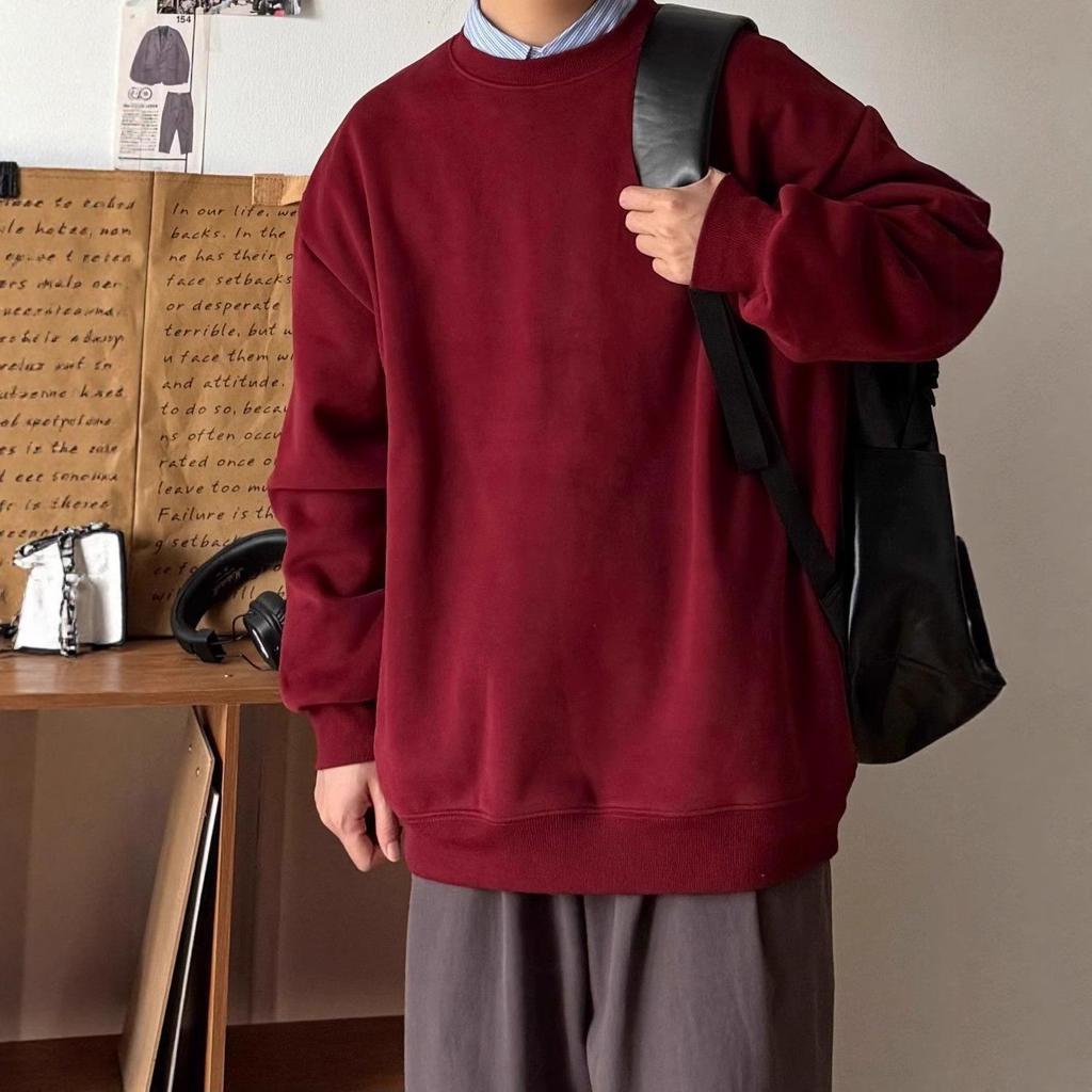 Unisex Wine Red Thick Warm Round Neck Long Sleeve Hoodie
