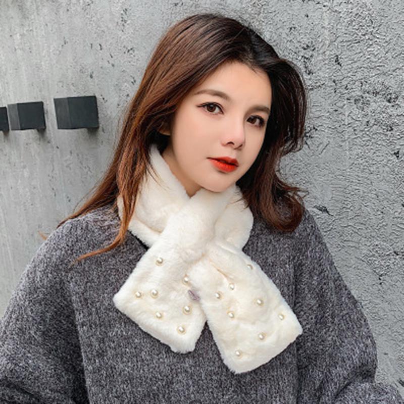 Korean Cute Faux Rex Rabbit Fur Warm Scarf Winter Female Thicken Double-Sided Plush Narrow Cross Neck Guard Pearl Scarves O69