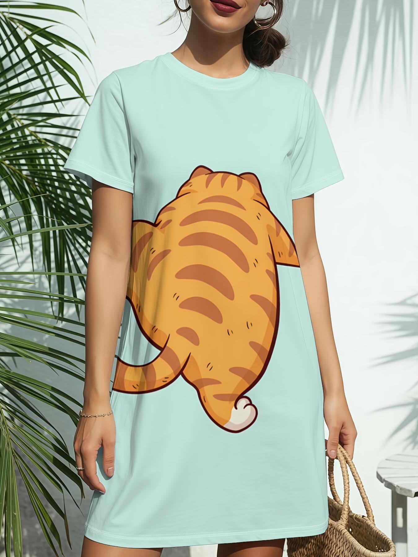 

Women s Orange Cat Print T-Shirt Dress - Short Sleeve Round Neck Casual Dress with T-Shirt Top ; Dress Bottoms. Spring Summer Outfits Suitable for Dai XS дубильная кора
