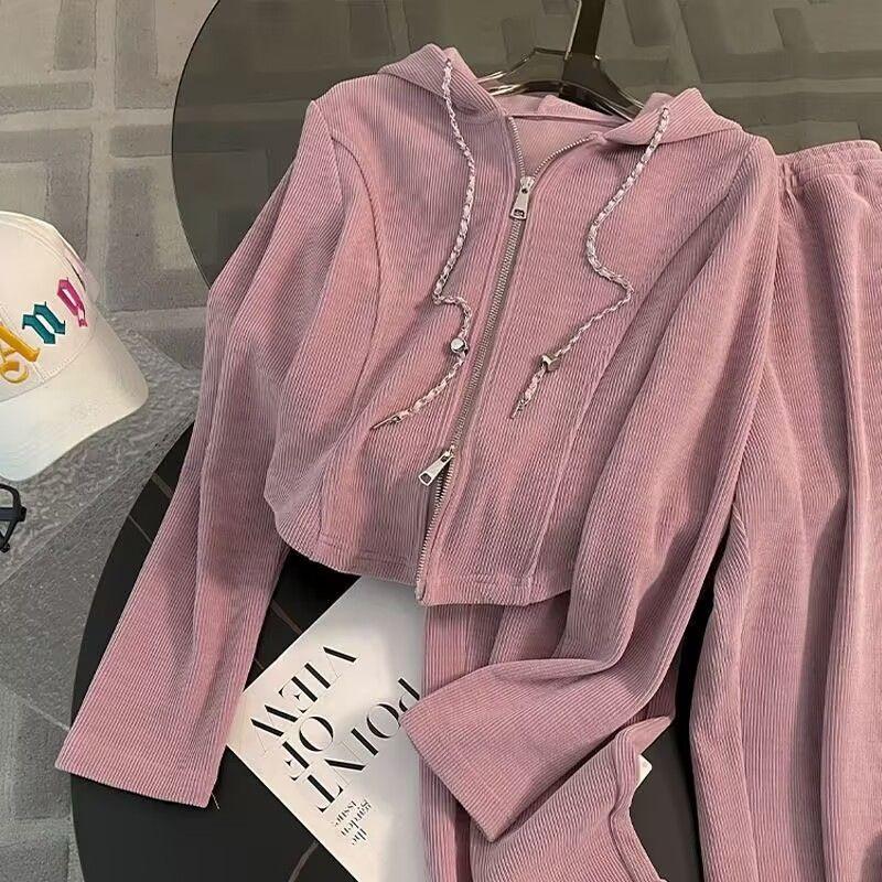 Women's Casual Hooded Tracksuit Set Zip-Up Sweatshirt Pants 2-Piece Outfit Pink Loungewear Autumn Winter Streetwear