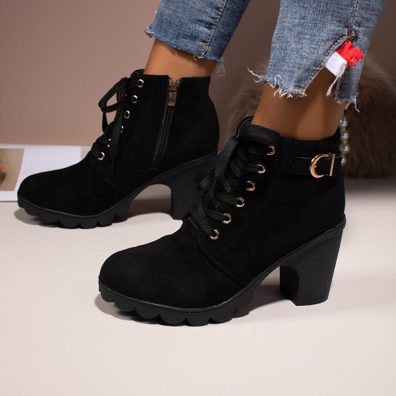 Fashion Spring New Chunky Single Boots Women's Fashion Round Head Deep Cut Front Lacing Side Zipper Platform Heels