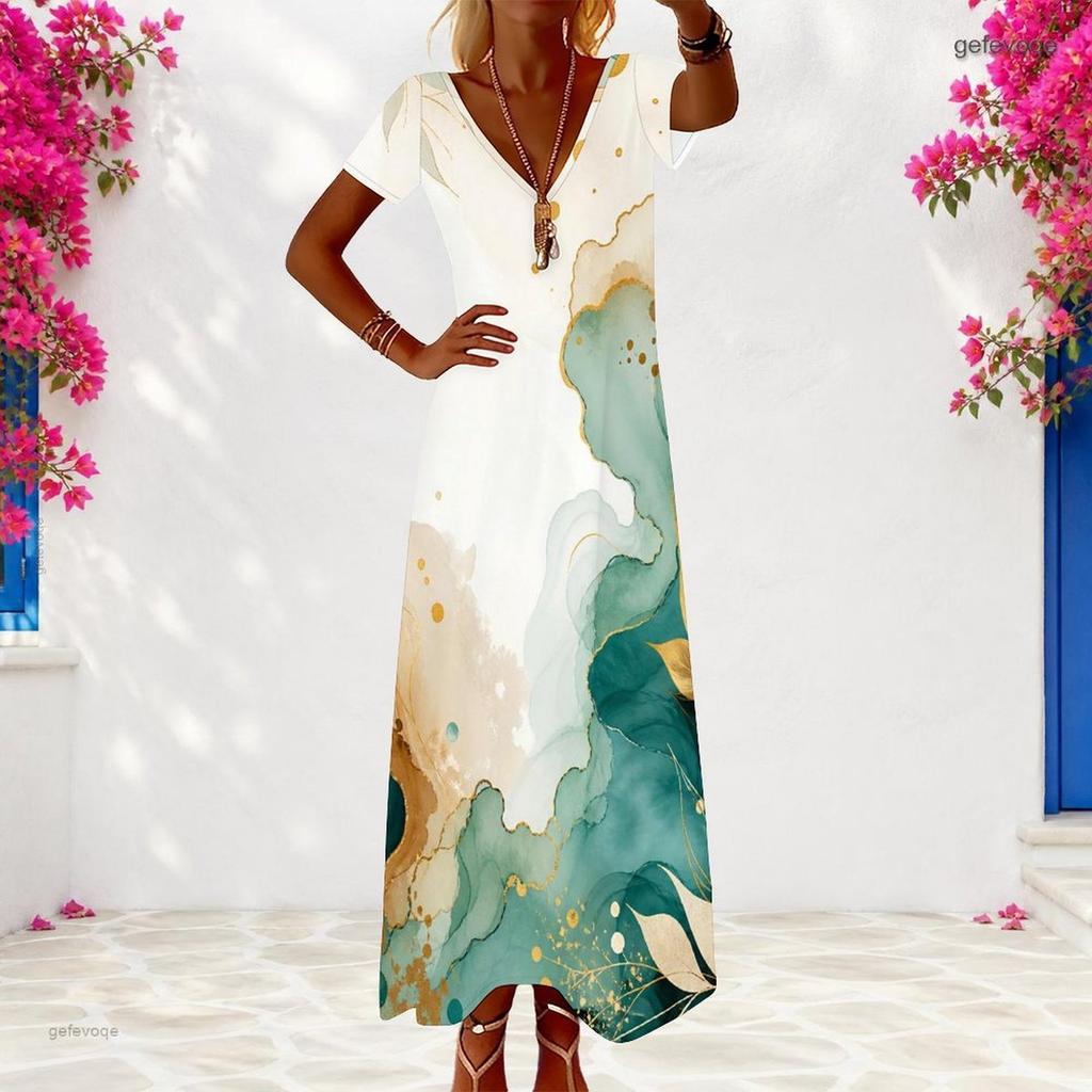 Women Plus Size V Neck Short Sleeve Blue Gold Printed Long Maxi Dress