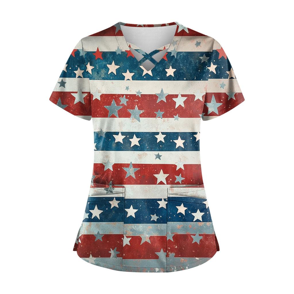 Women's Short Sleeve Stagger V Neck  Print Pocket Dry-nurse Top