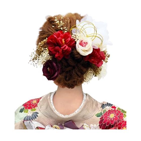 BRIHADOS Dried Flower Red Hair Accessory for Yukata, Coming-of-Age Ceremony, Hakama, Graduation, Japanese Kimono, Chrysanthemum, Hydrangea, Baby's