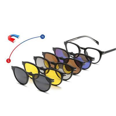 6 In 1 Magnetic Snap-On Frame Retro Insert Sunglasses Clip-On Style With Lens Nearsighted Glasses Oval Frame
