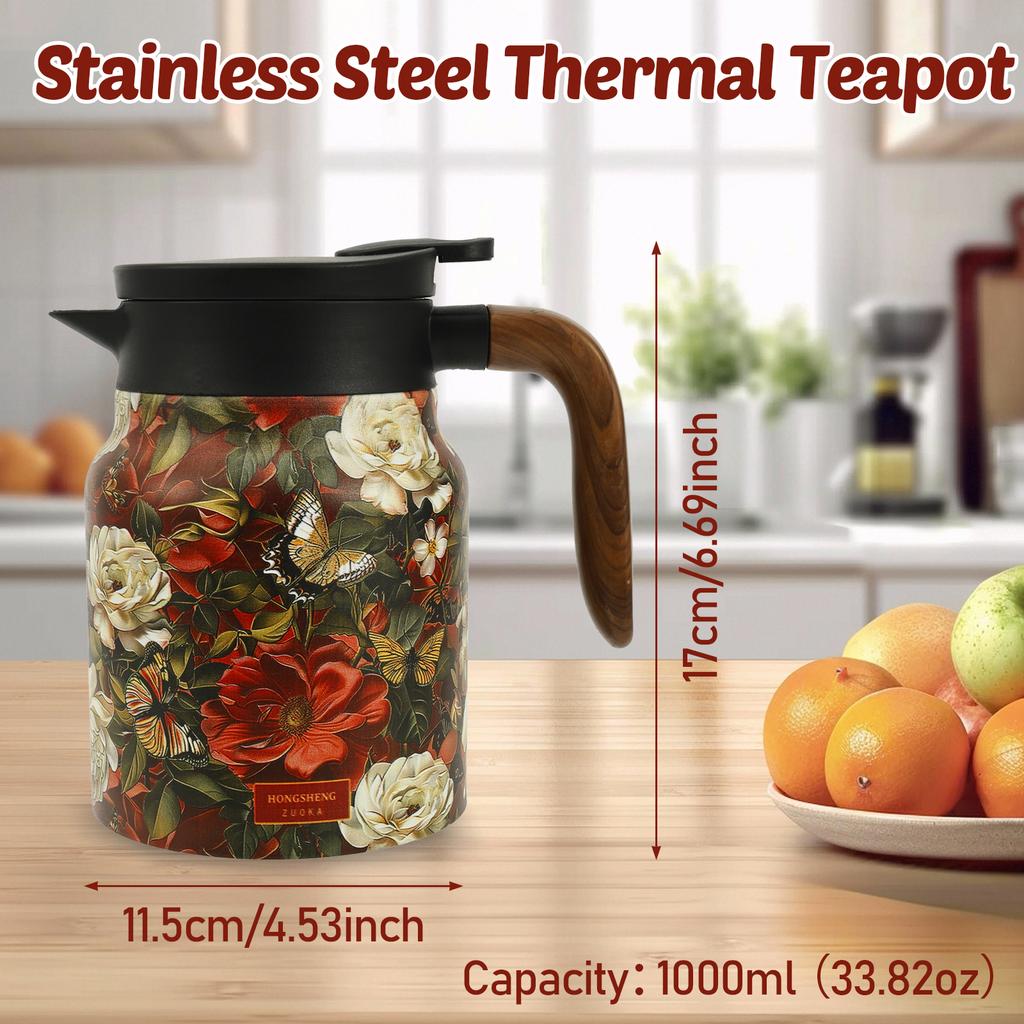 Vintage Blumen Tee Thermoskanne Edelstahl Teekessel Tropfsichere Teekanne mit Tee-Ei Mini Thermo Kaffeekanne Heim Teegeschirr