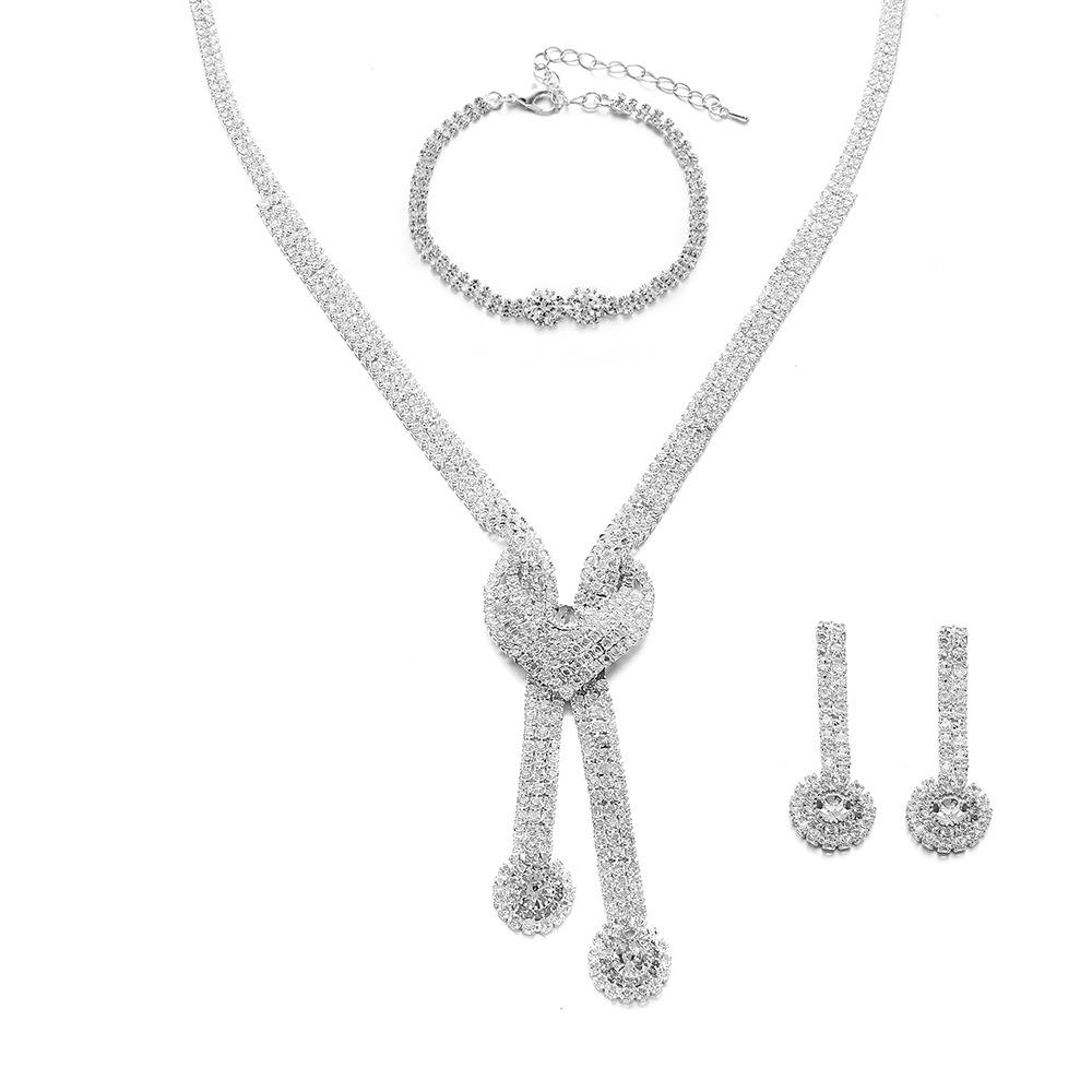 Bridal Wedding And Daily Wear, Temperament Super Flash Diamond Necklace Earrings Bracelet Three-Piece Set