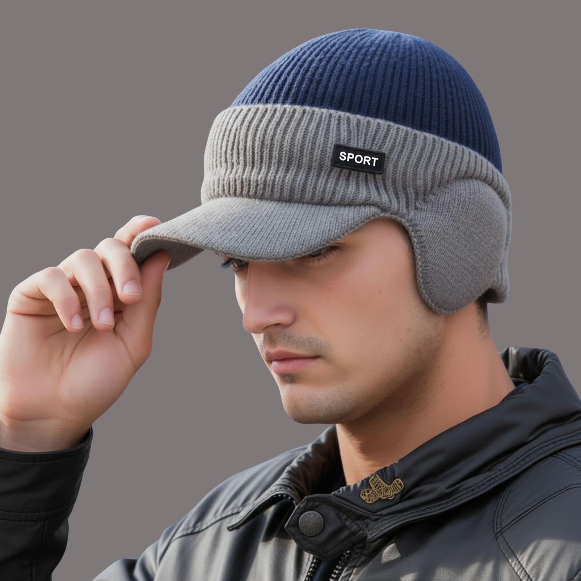 

Men s Knitted Ear Protecting and Warm Hat with Fur Thread and Duck Tongue Color Matching