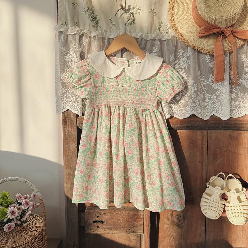 Hand-Knitted Smocked Floral Doll Collar Short-Sleeve Girls' Dress - Summer 2026 French Korean Chic Style