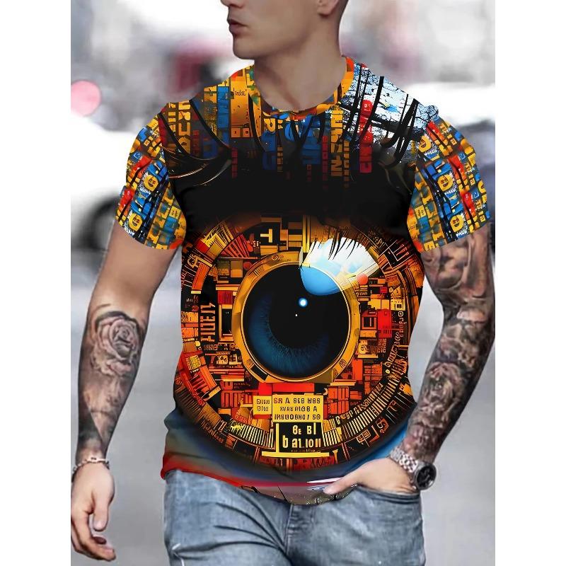 Herr T-shirt med 3D-tryck, kortärmad, rundhalsad, tröja, avslappnad topp