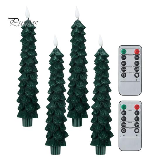 

4 шт. беспламенных светодиодных свечей в форме рождественской елки с 3D-фитилем, работающие от батареек свечи с дистанционным таймером для домашнего декора зелёный