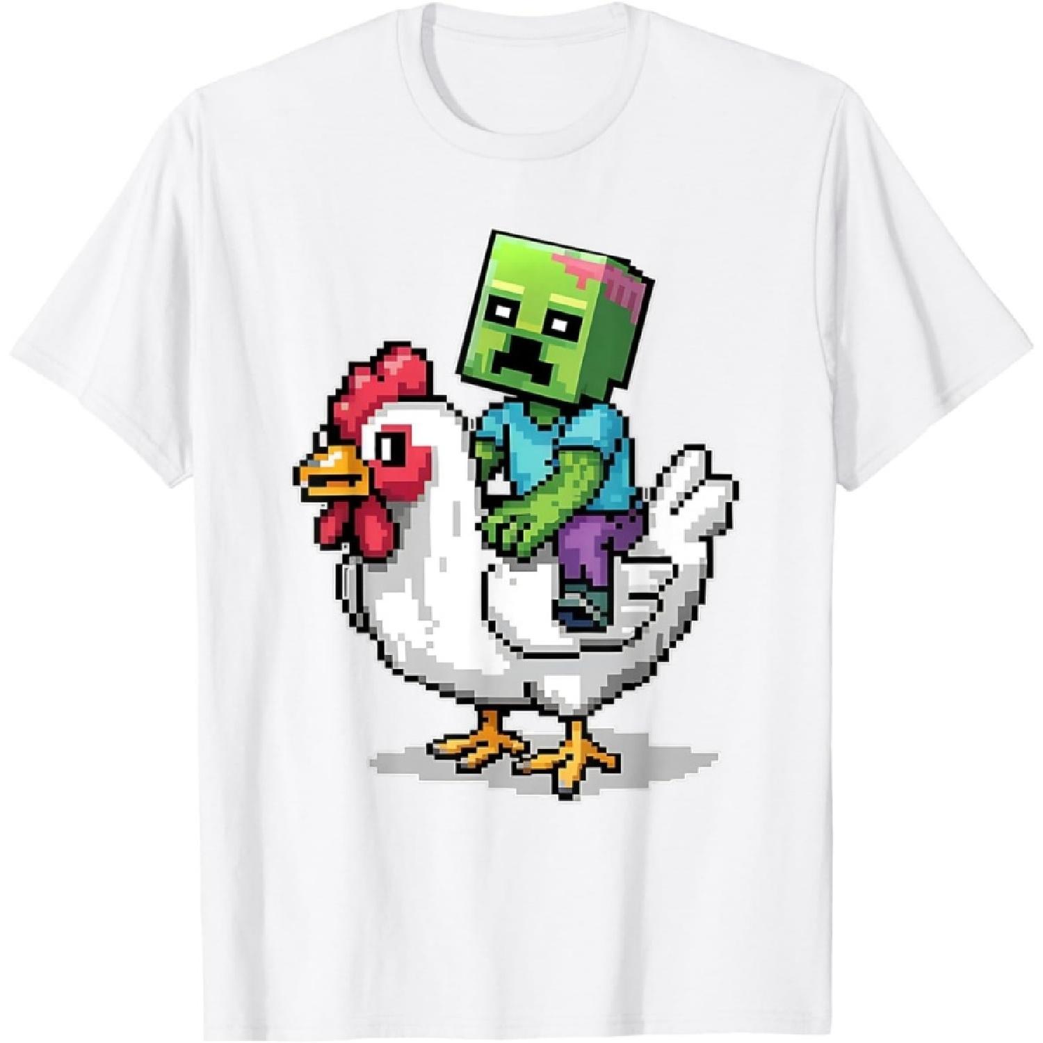 ECTOUMOL Funny Jockey Pixel Riding Chicken Jockey on a Chicken Lover T-Shirt S
