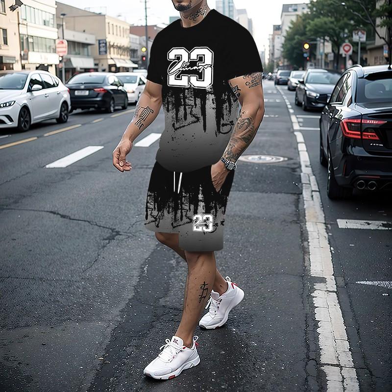 Men's T-shirt Set Summer Fashion Creative 3D Printed Pattern Size 23 Printed Shorts Short Sleeved Combination Casual Two-piece S