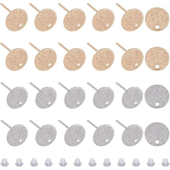SUPERFINDINGS 24Pcs 2 Colors Hammered Brass Stud Earring Findings 10mm Flat Round Earring Posts Real Gold Platinum Plated Circle Disc Earring Studs