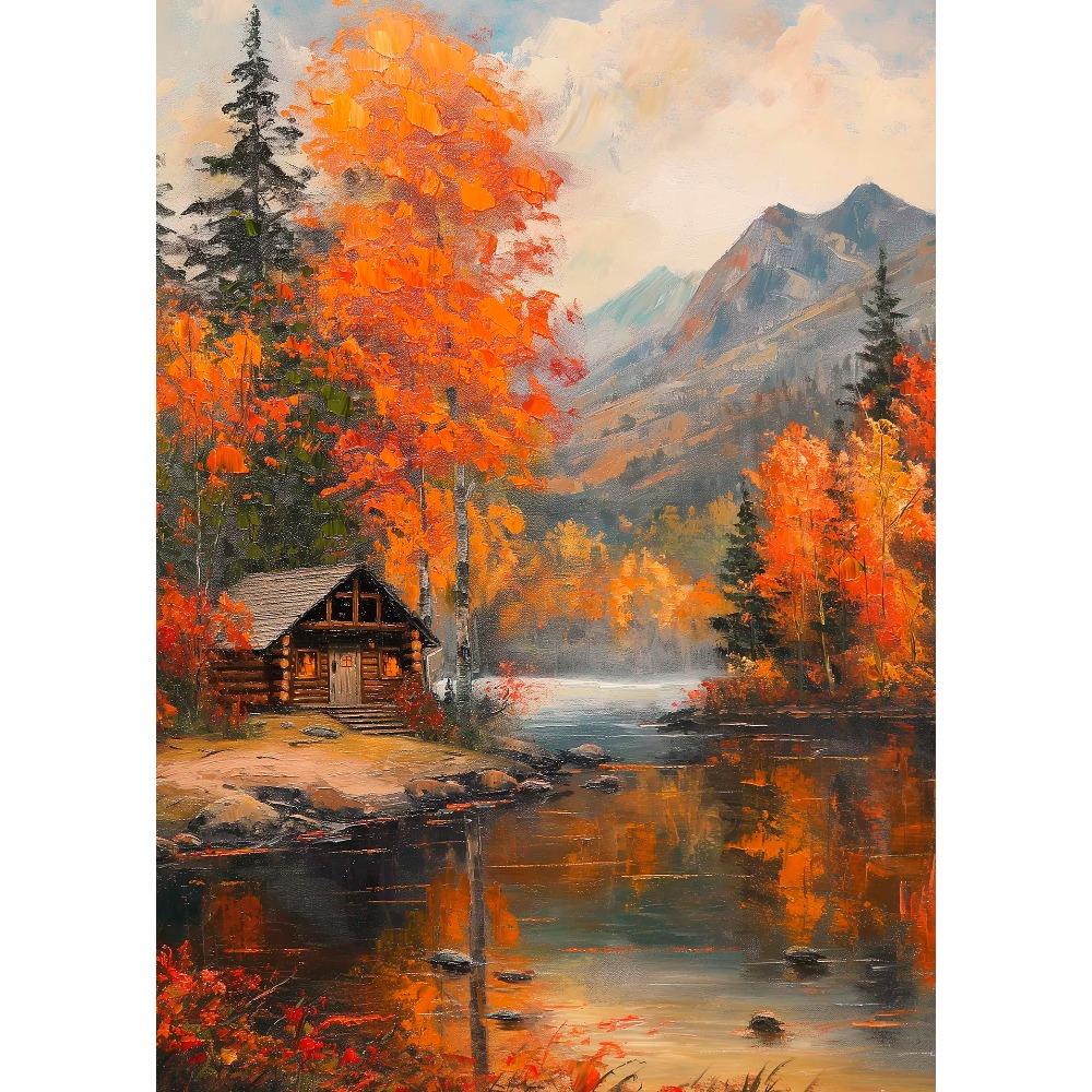 Eichenbaum Kunst Ruhige Berg Herbstwald Hütte Landschaft Schmetterling Poster Leinwanddruck Wandkunst Zimmer Heimdekor Geschenk