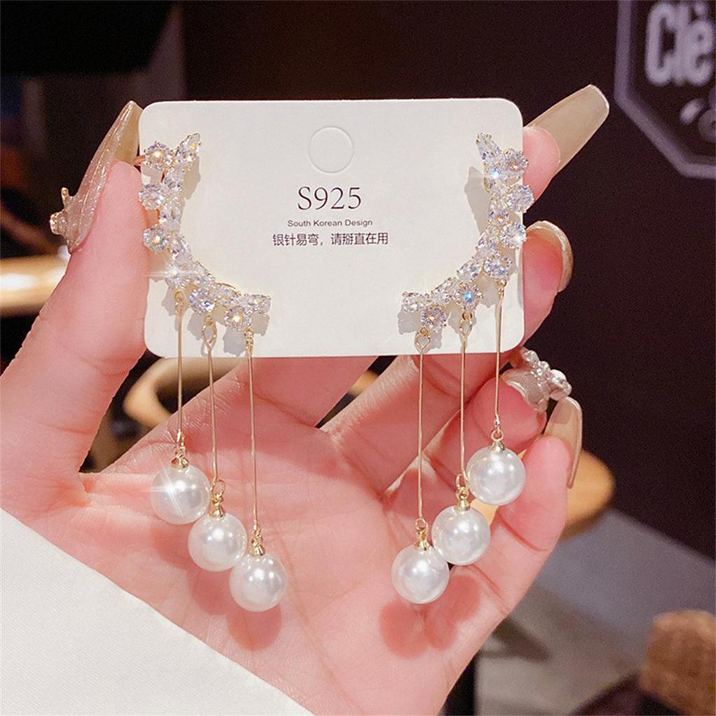 925 Silver Needle Exquisite Bow Light Luxury Pearl Earrings Simple High-end Earrings Temperament Long Tassel Earrings