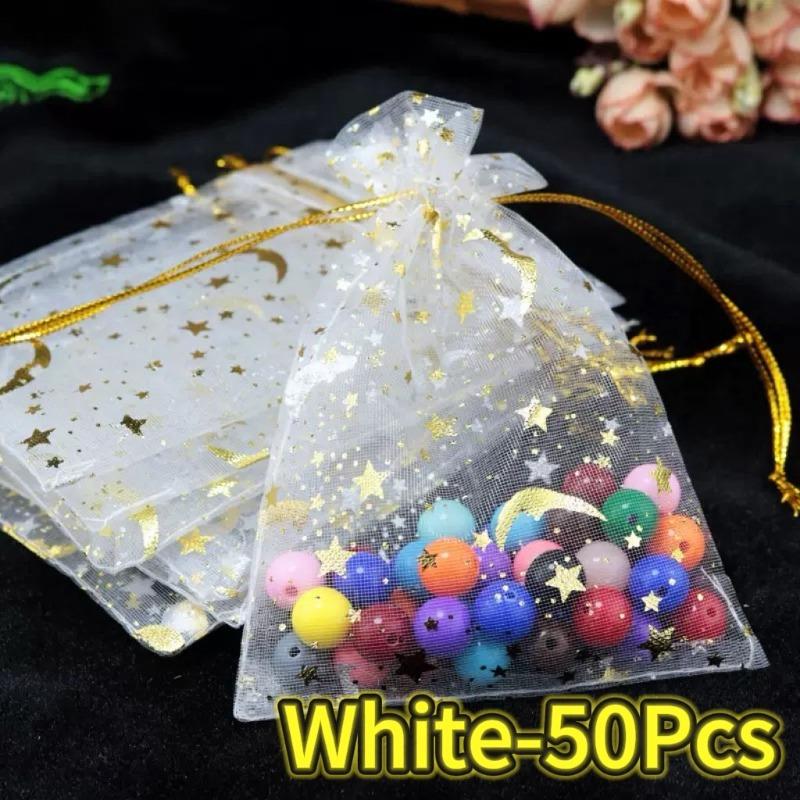 Wholesale 50pcs/Lot Small Organza Bag 9x12cm Moon Star Wedding Jewelry Packaging Bags Cute Drawstring Gift Bag Organza Pouches