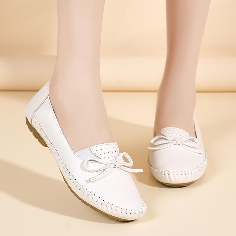 Women's White Leather Driving Moccasins Grey Flats Casual Slip On Plus Size Walking Summer Maternity Shoes