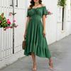 Women's Off Shoulder Short Sleeve Color Ruched Tie Waist Maxi Dress Casual Summer
